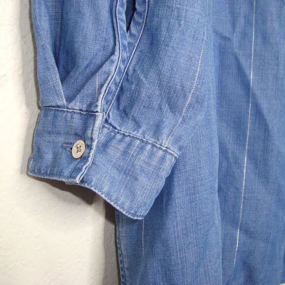 Side Stitch Chambray Button Front Tunic Roll-Tab Sleeve Women's M Silver Stripe - Picture 10 of 12